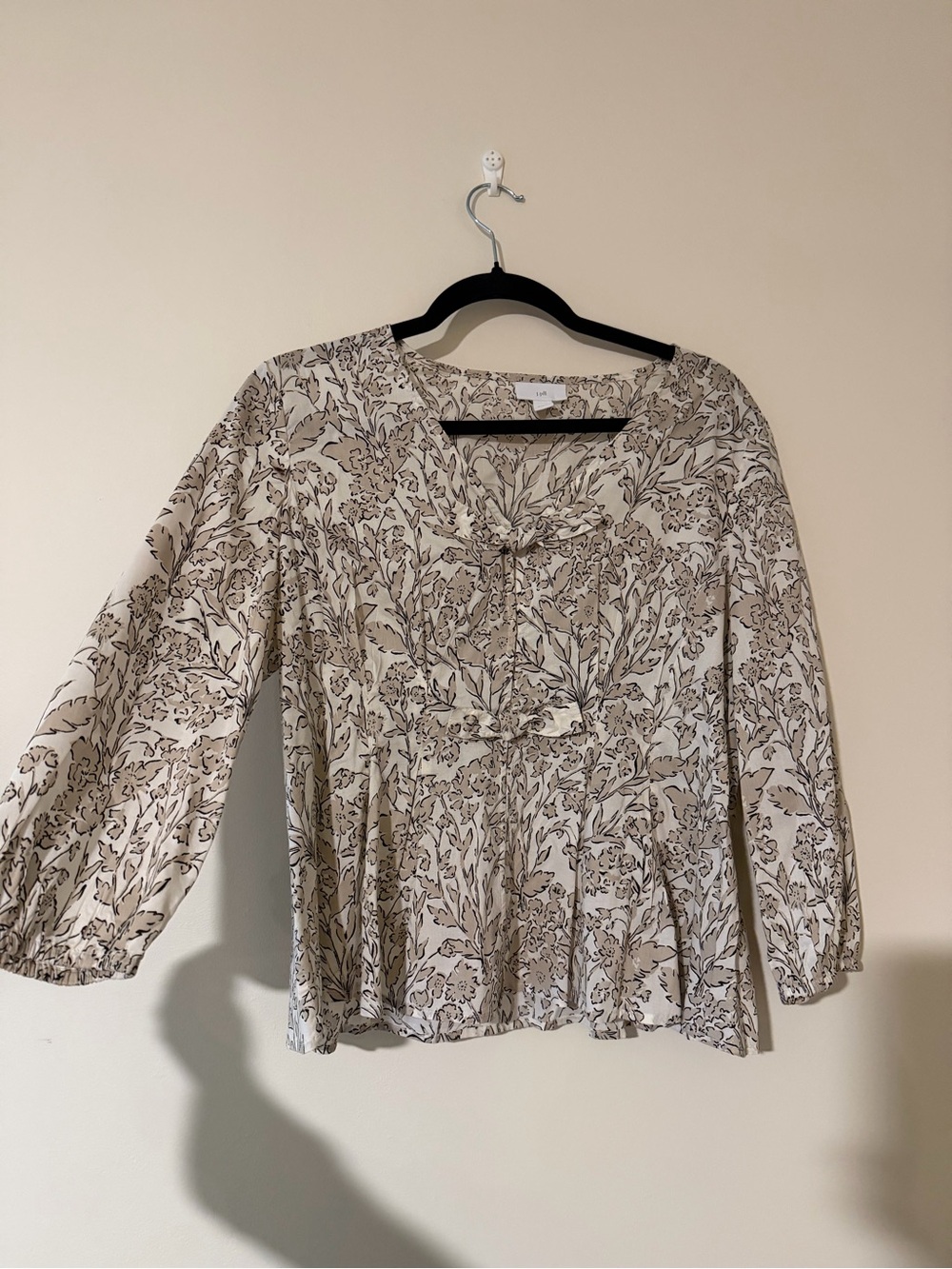 J. Jill Beige Floral Tie-Neck Blouse